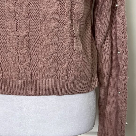 FRESHMAN Pink Cable Knit Pearl Beaded Long Sleeve Sweater Top Size Small - Picture 6 of 13